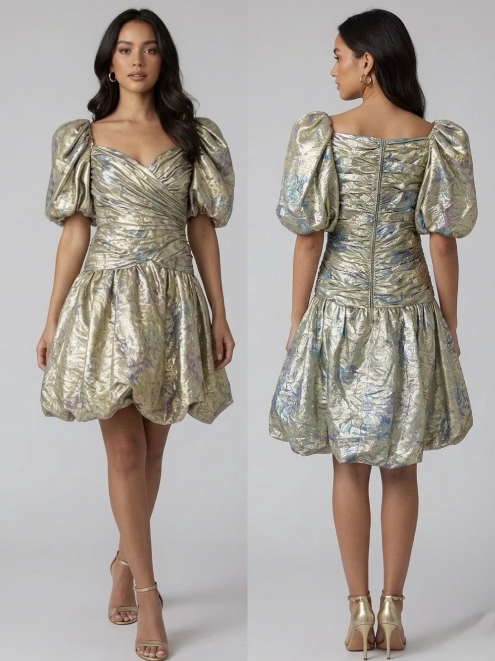 Vtg 80s The Gilberts for Tally Gold Metallic Lame Bubble Hem Puff Sleeve Dress